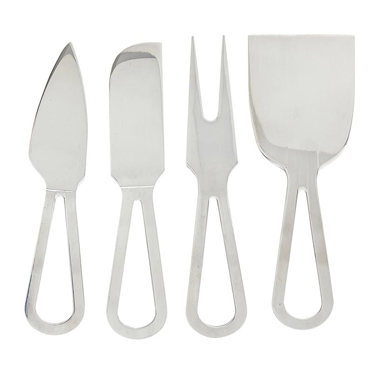 Set of four stainless steel silver cheese knives with open-loop handles on a white background.