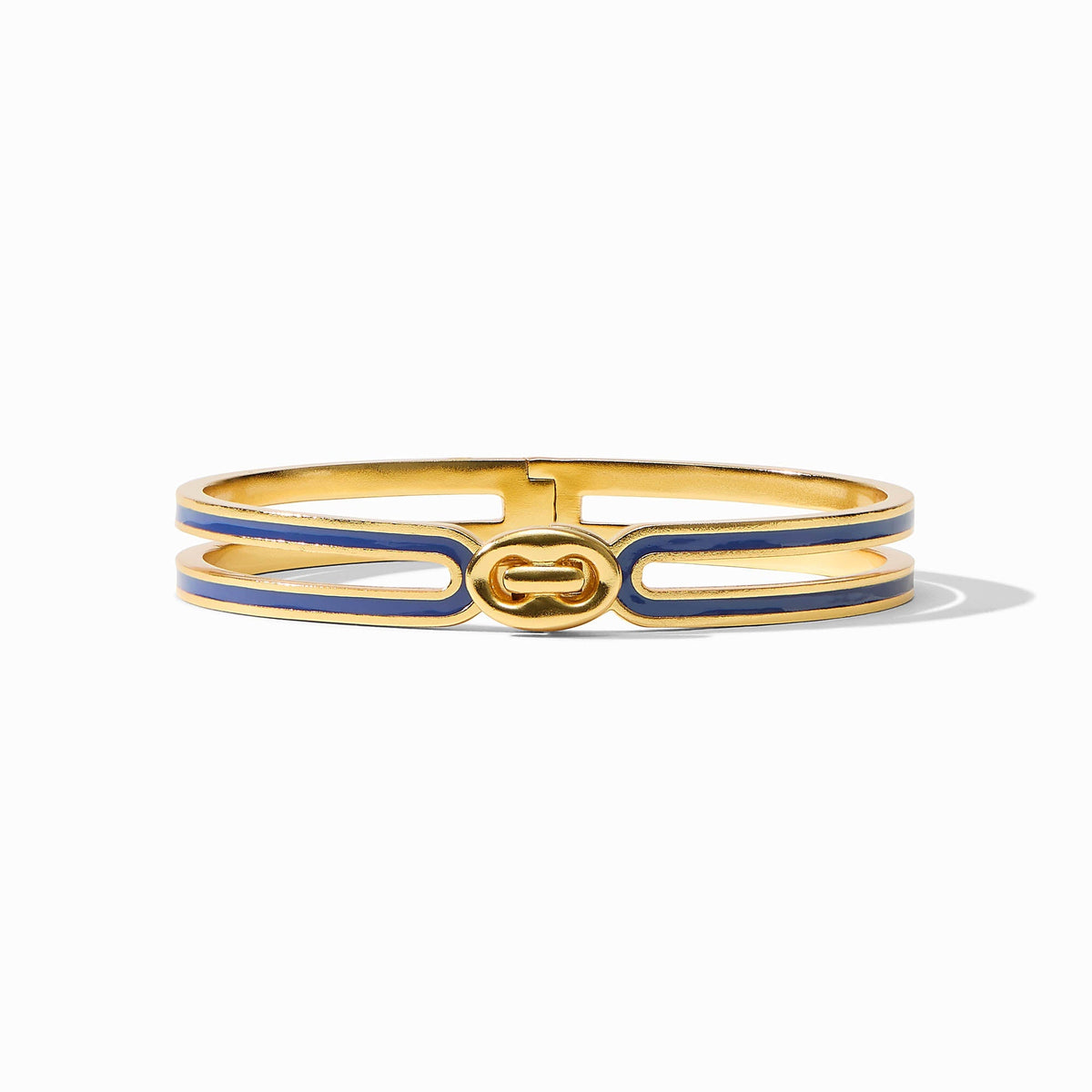Laguna enamel hinge bangle in black with gold-tone hardware featuring a button-click closure.