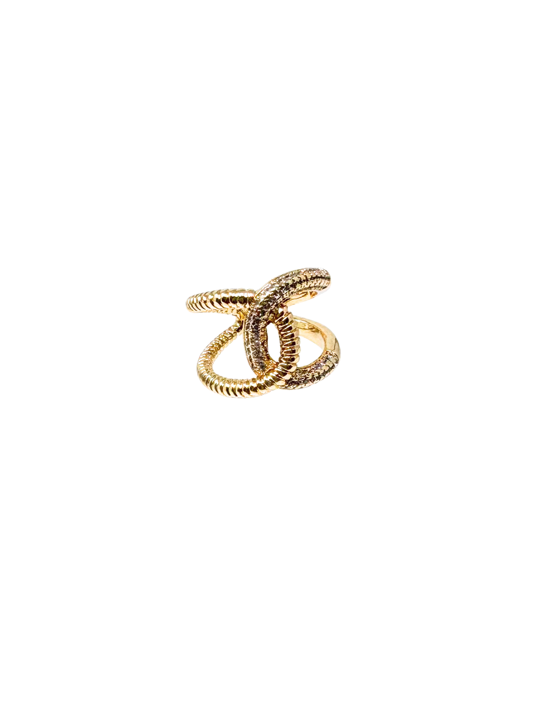 Gold fashion statement ring with a chunky, textured interlocking double-loop design.