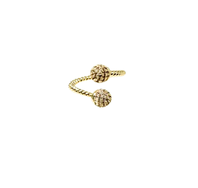 Gold-tone bypass ring with a twisted rope band and two textured spherical ends.