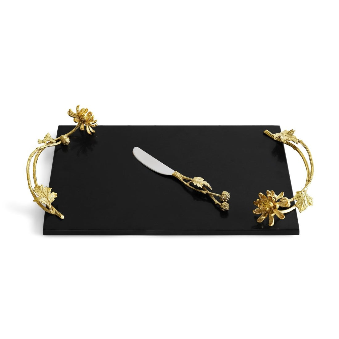 Dahlia cheeseboard with knife featuring a natural wood finish, scalloped silhouette, and integrated serving utensil.