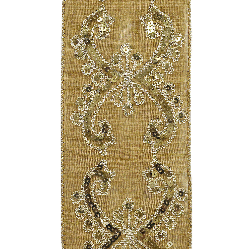 Wide four-inch Dubai sequin wired edge ribbon in metallic gold Dupioni silk with wire edges.