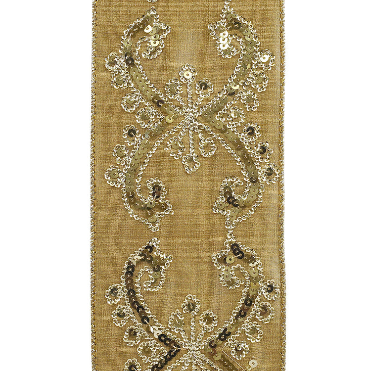 Wide four-inch Dubai sequin wired edge ribbon in metallic gold Dupioni silk with wire edges.