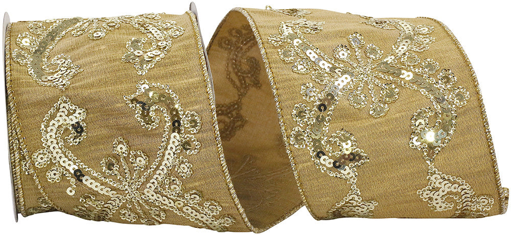 Wide 4-inch Dubai sequin wired edge ribbon in metallic gold with Dupioni silk texture and wire edges.