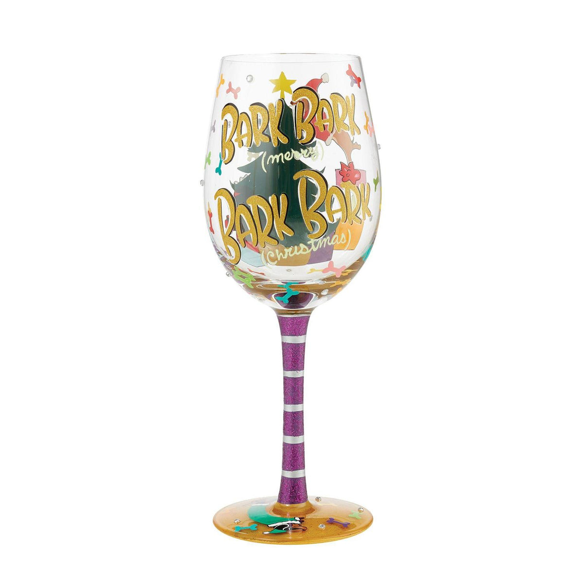 Colorful Lolita wine glass with hand-painted designs, glitter accents, and a cocktail recipe printed on the base.