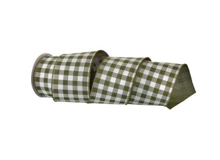 4 inch wide cream and green country sparkle checkered wired ribbon on a 10 yard roll.