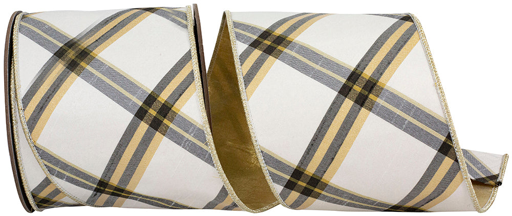 Diagonal Dupioni Deluxe Metallic Backed Wired Edge Ribbon in white, gold, and grey plaid.