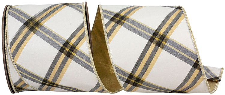 Diagonal Dupioni Deluxe Metallic Backed Wired Edge Ribbon in white, gold, and grey plaid.