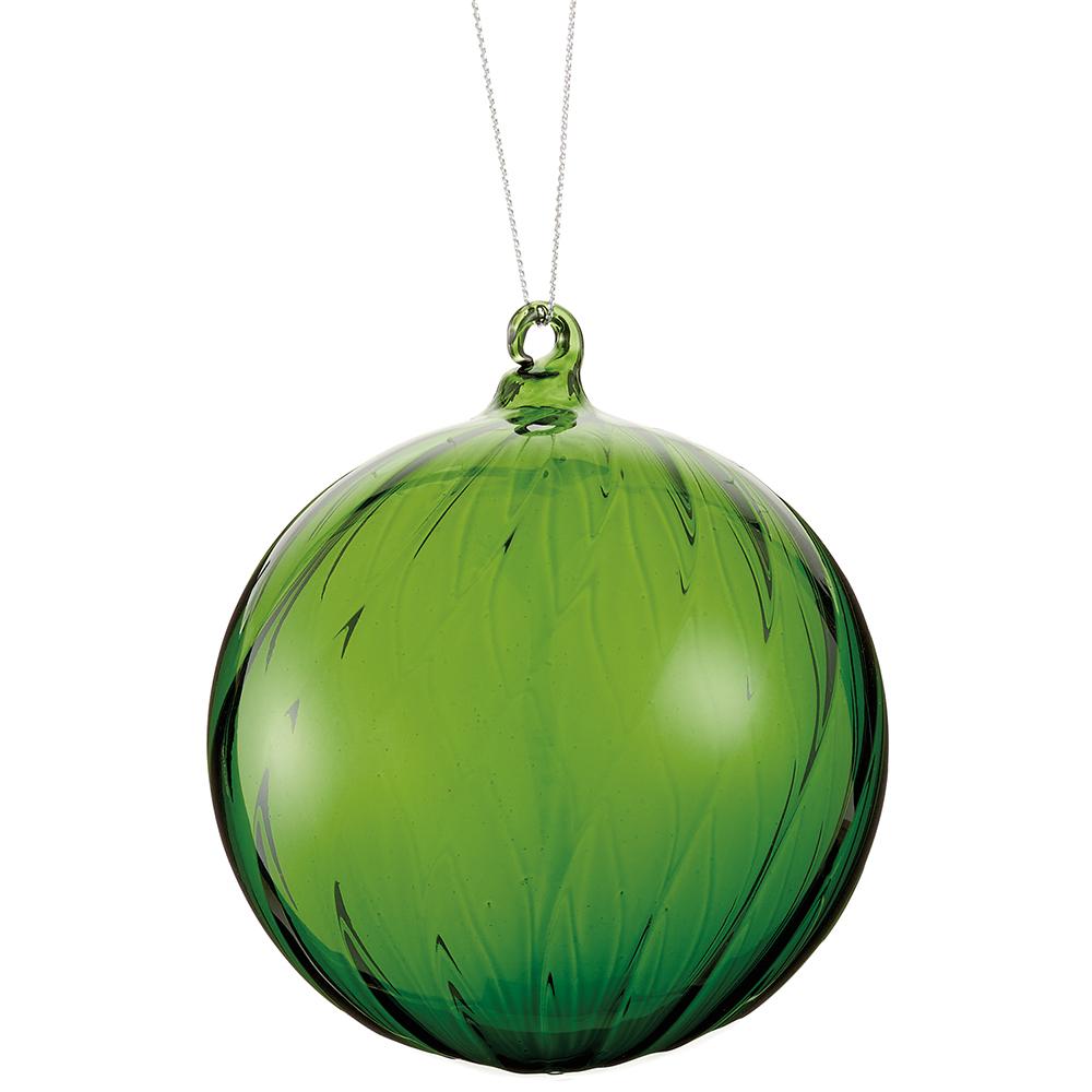 4-inch green glass ball ornament with a subtle swirl pattern and silver hanging string.