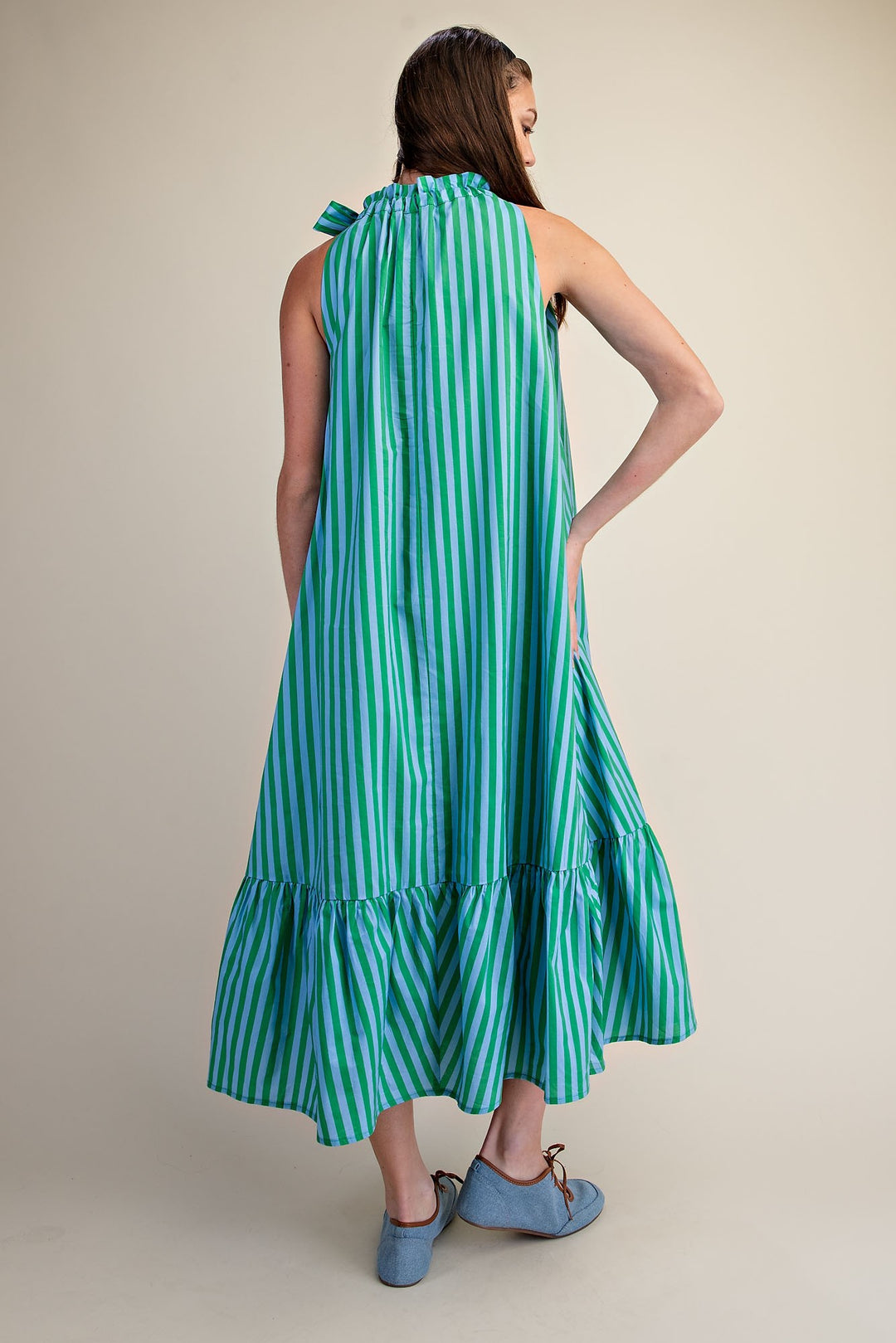 Annie Ruffle Neck Tie Sleeveless Stripe Midi Dress