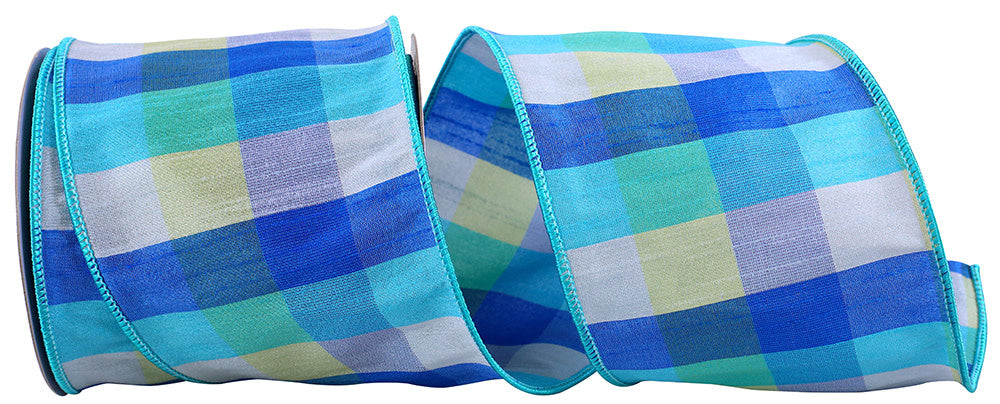 4-inch wide blue and green plaid dupioni ribbon with a wired edge.