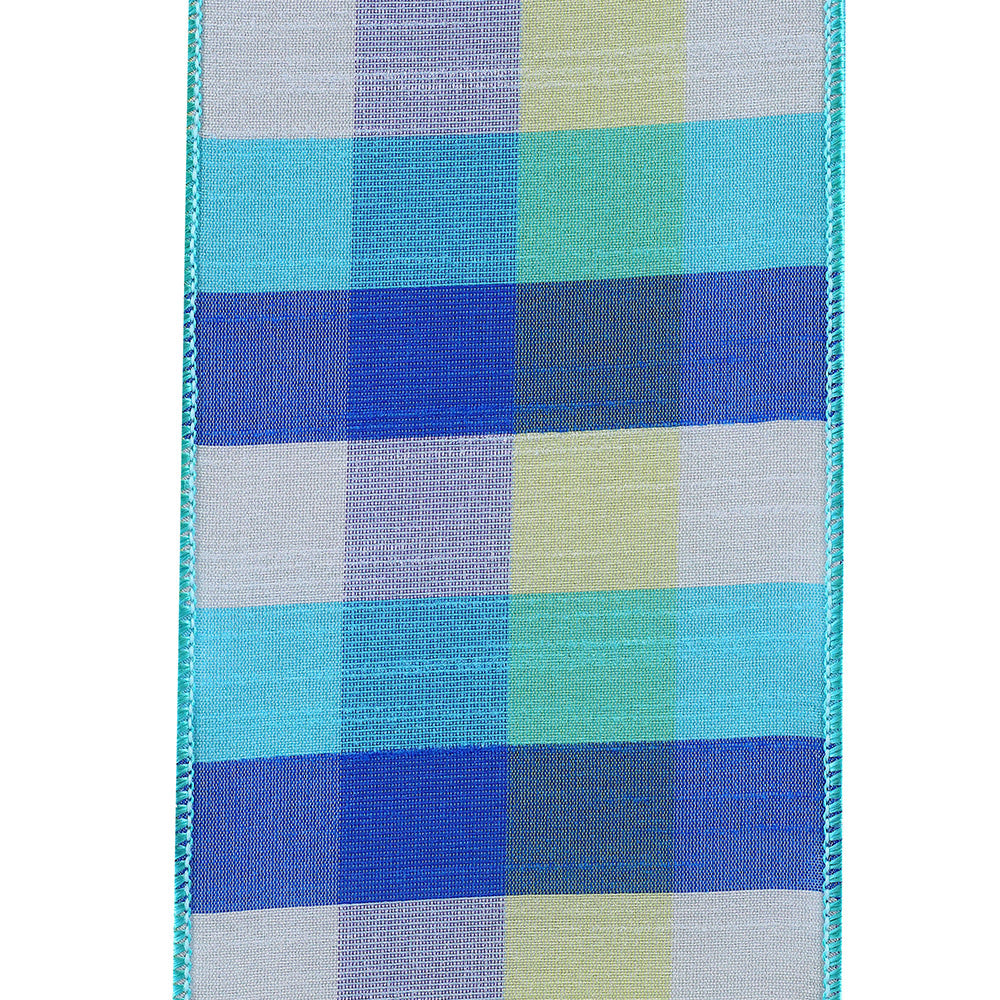 4-inch wide blue and green plaid dupioni ribbon with a wired edge.