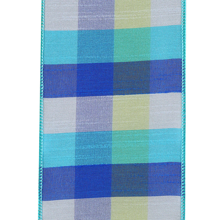 4-inch wide blue and green plaid dupioni ribbon with a wired edge.
