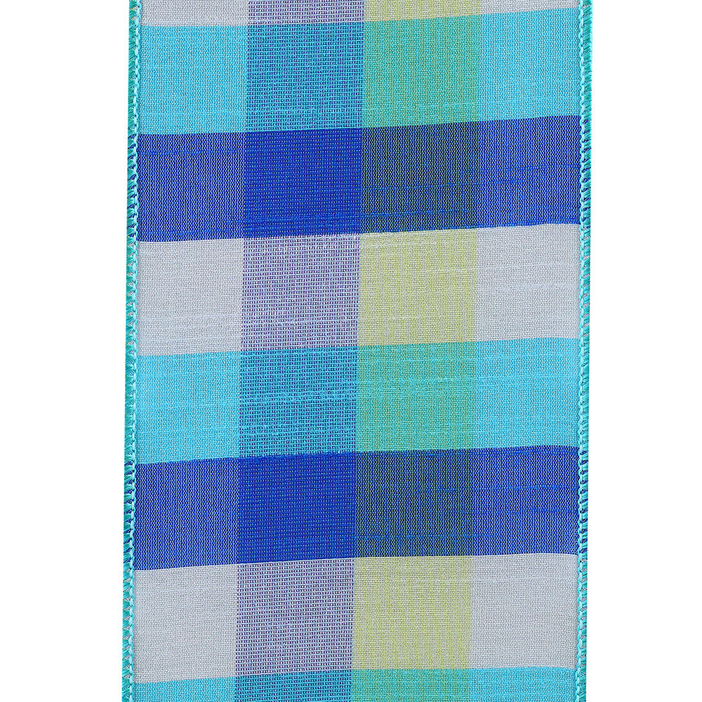 4-inch wide blue and green plaid dupioni ribbon with a wired edge.