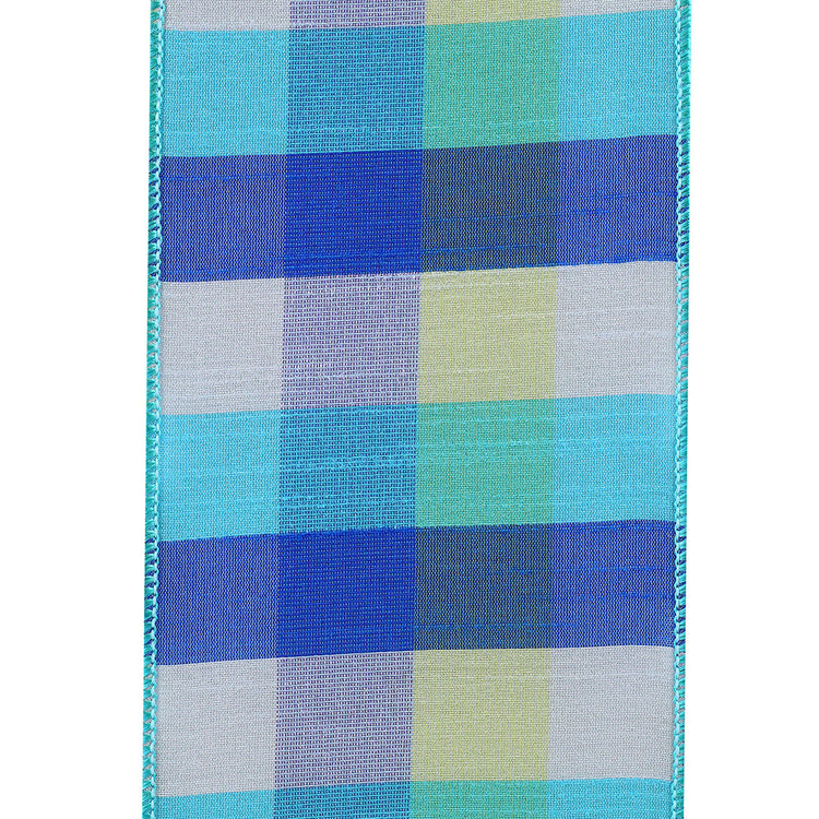 4-inch wide blue and green plaid dupioni ribbon with a wired edge.