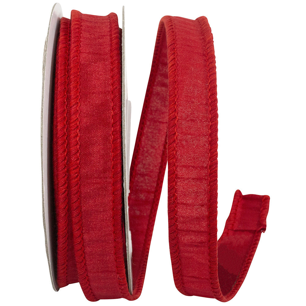 Red Dupioni wired edge ribbon with textured surface