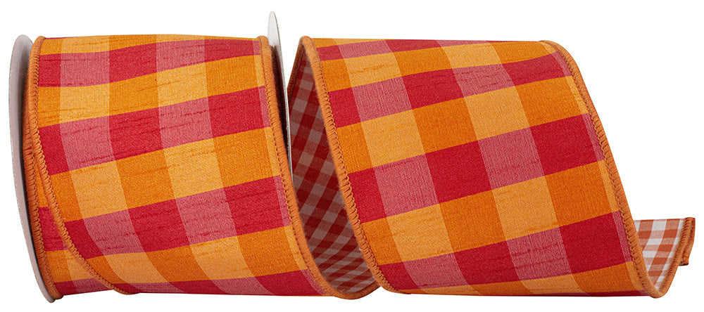 4-inch wired edge ribbon with dupioni check gingham backing in fall tones