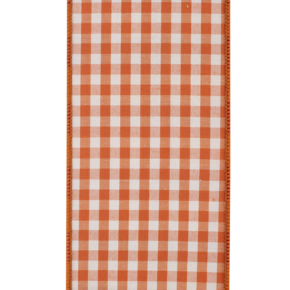 Four-inch wide dupioni ribbon with a fall-toned check pattern on gingham backing and wired edge.