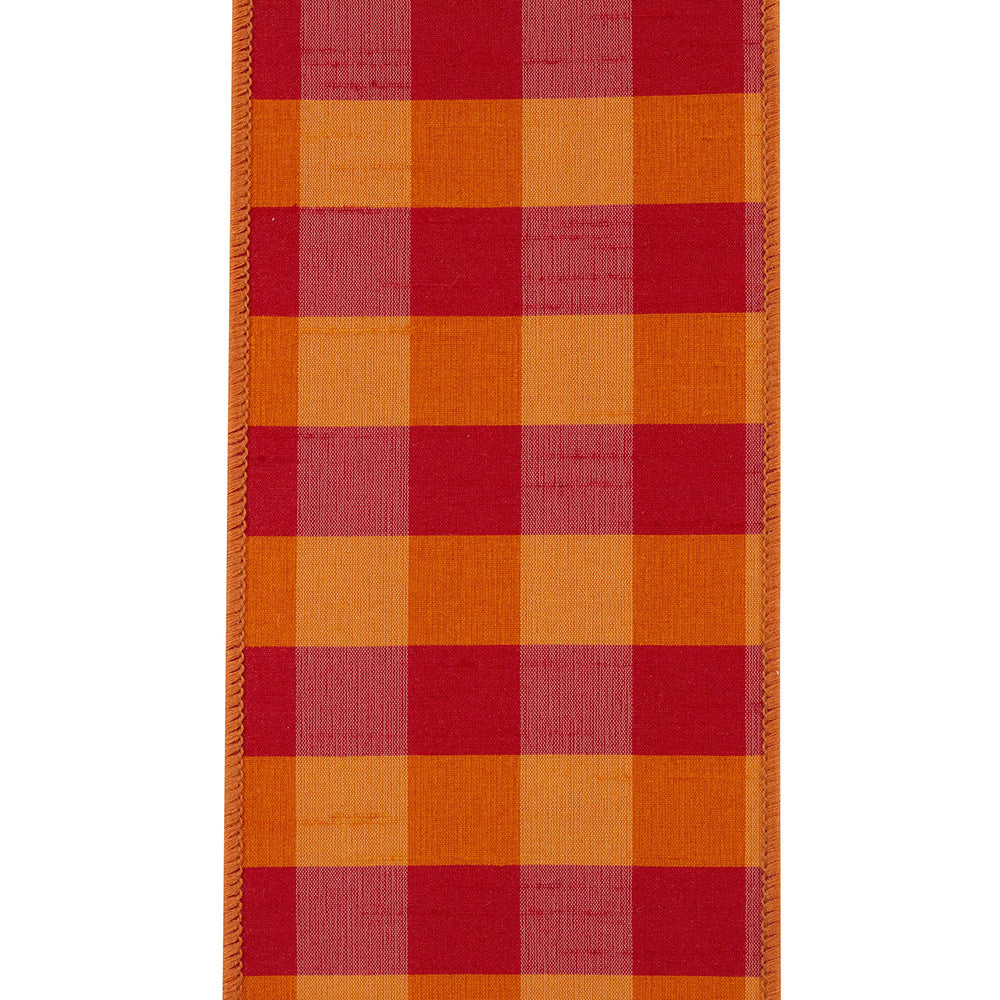 4-inch wired Dupioni ribbon with Tierra check gingham backing in fall tones