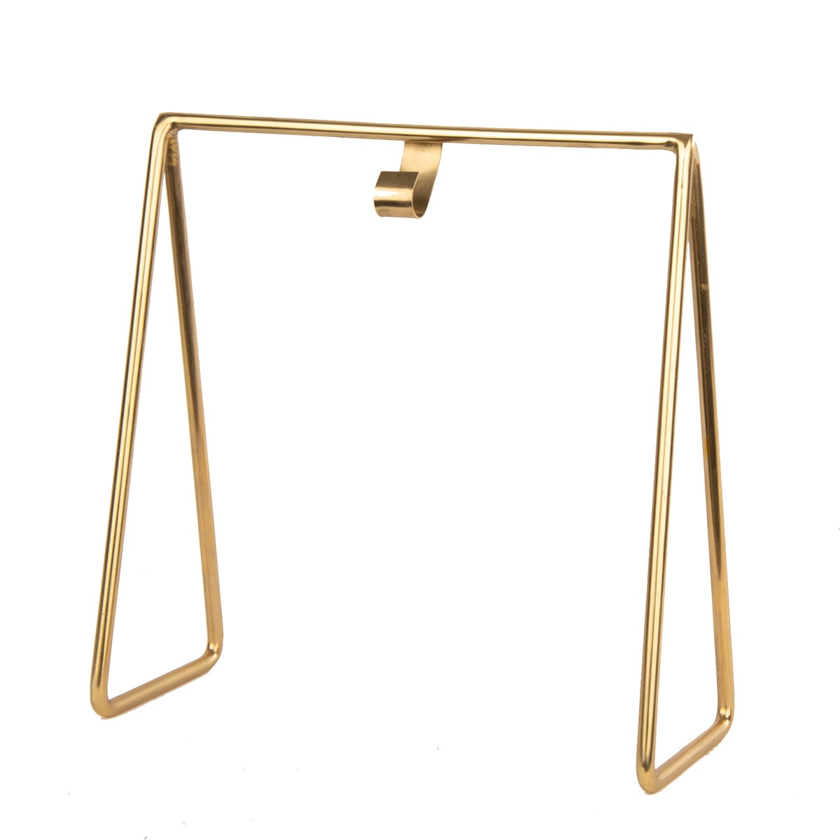 Gold Gallery Art Stand crafted of metal with a minimalist triangular frame and center hook.