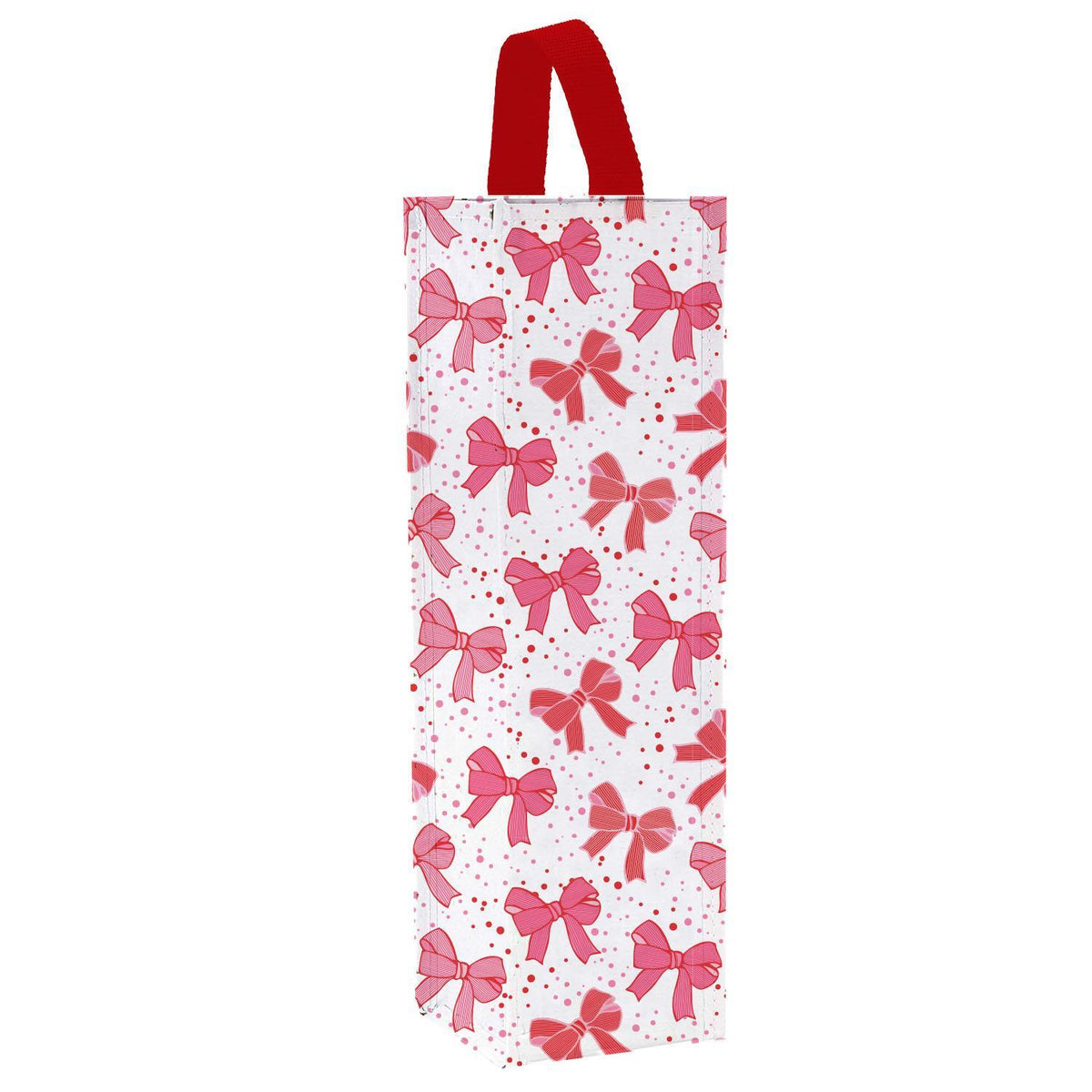 Tall white wine bag with a red handle and a pattern of pink and red bows and dots.