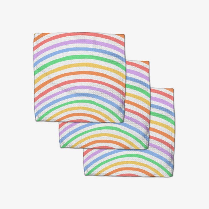 Set of three waffle weave dishcloths in recycled polyester with single-sided prints and hang loops.