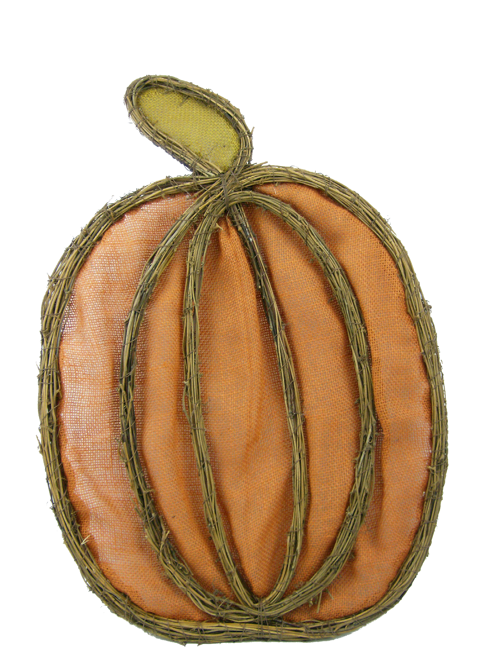 Burlap Pumpkin Twig Form with orange fabric and a green stem, 25 inches high.