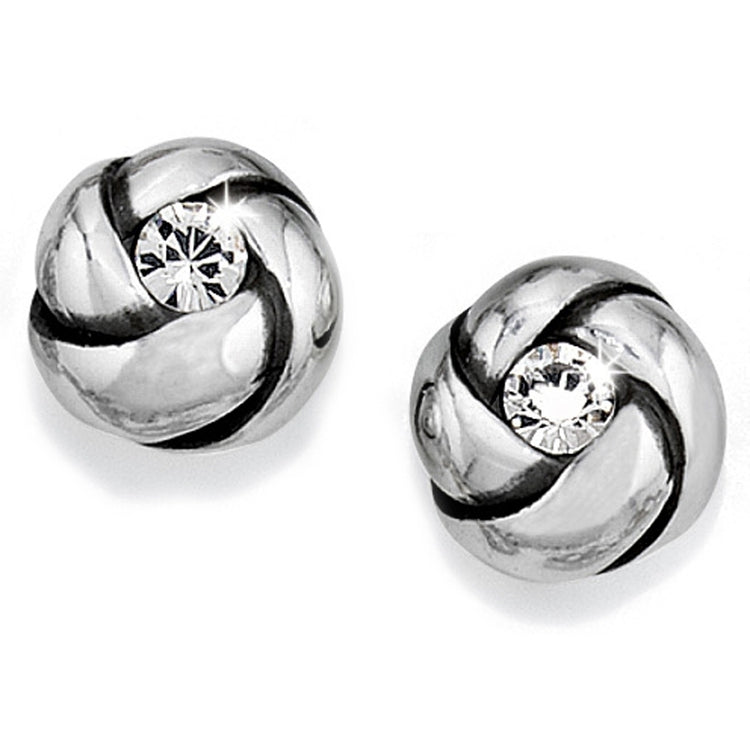 Silver plated mini post earrings featuring a fine-quality crystal knot design.
