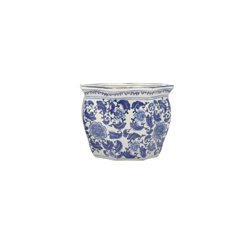 White and blue ceramic chinoiserie planter pot with classic floral hand-painted patterns.