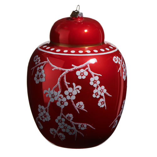 Red glass ginger jar Christmas ornament with white floral branch design and gold accents.