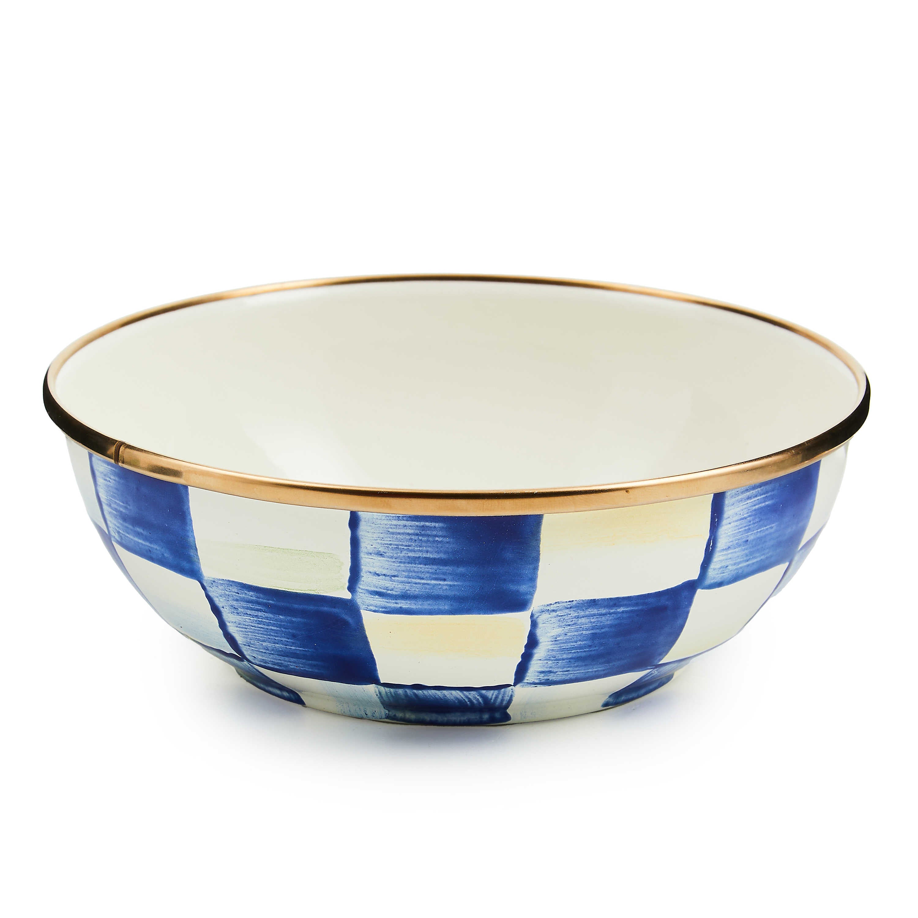 Royal Check Everyday Bowl with hand-painted blue and white checks and a bronzed stainless steel rim.