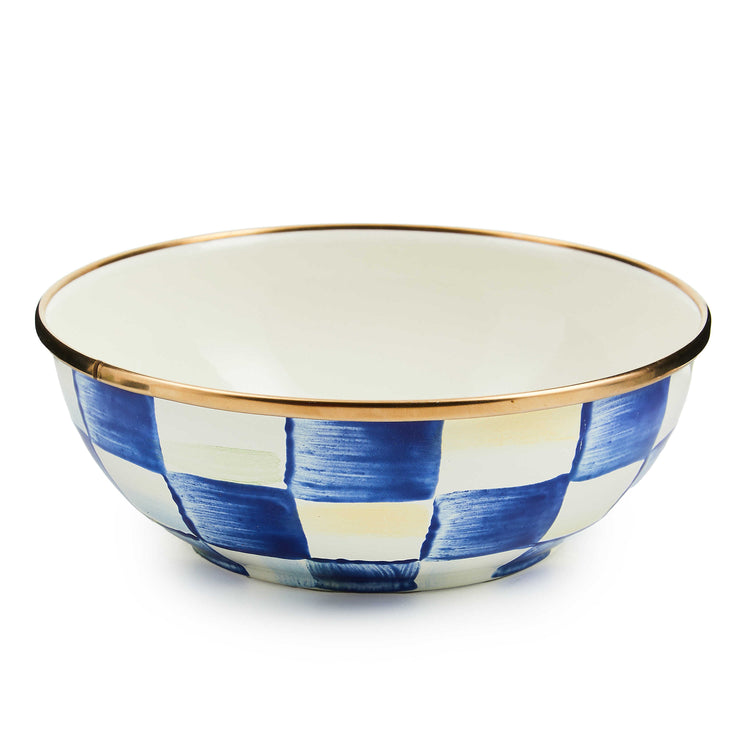 Royal Check Everyday Bowl with hand-painted blue and white checks and a bronzed stainless steel rim.