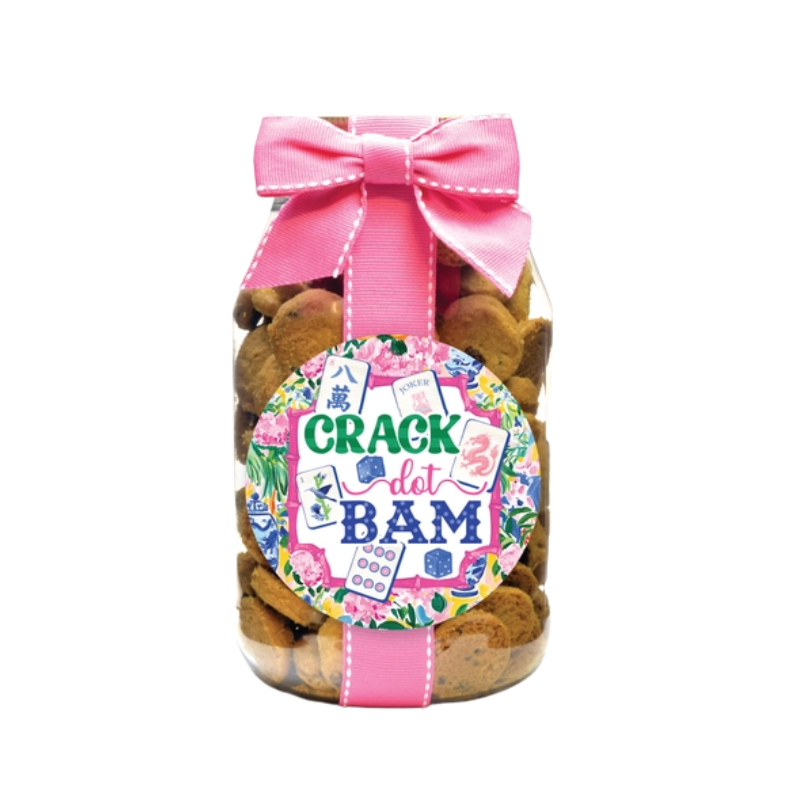 Quart cookie jar with a pink bow and Mahjong-themed label featuring 'CRACK dot BAM' text.
