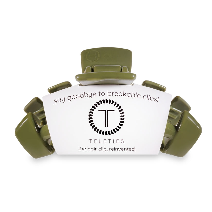 Olive green large classic hair clip measuring 4.5 inches long.