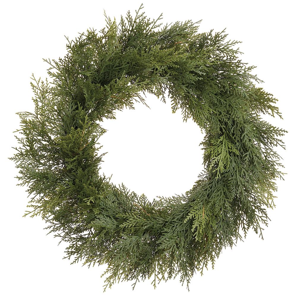 30-inch soft PE cedar wreath with lush green artificial foliage on a white background.