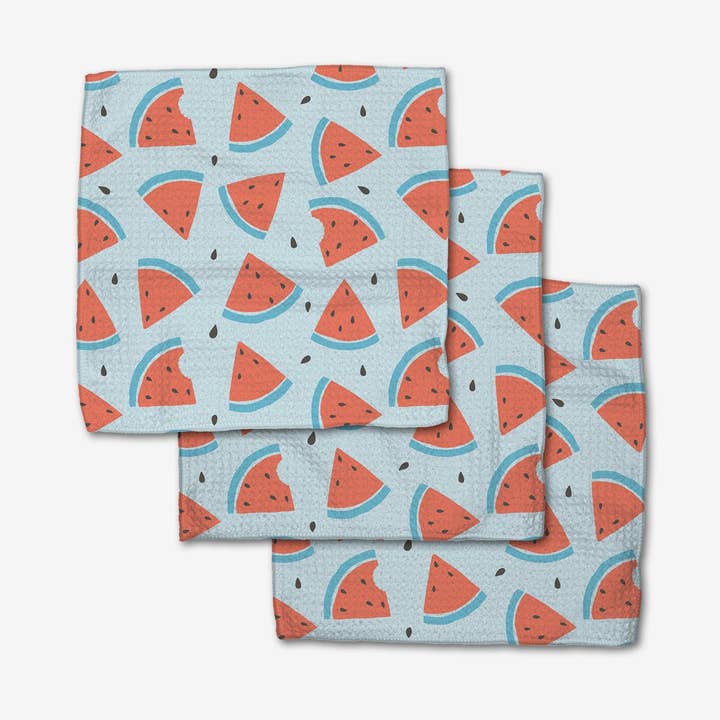 Set of three waffle weave dishcloths in recycled polyester with single-sided prints and hang loops.