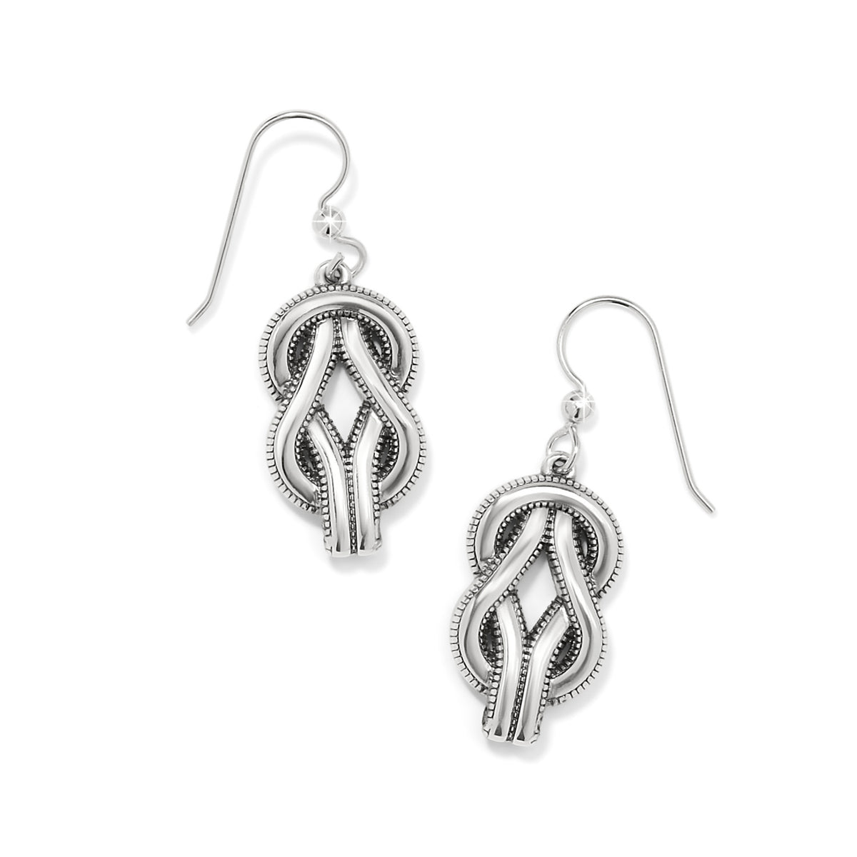 Interlok Harmony silver-plated French wire earrings with a black enamel knot design.