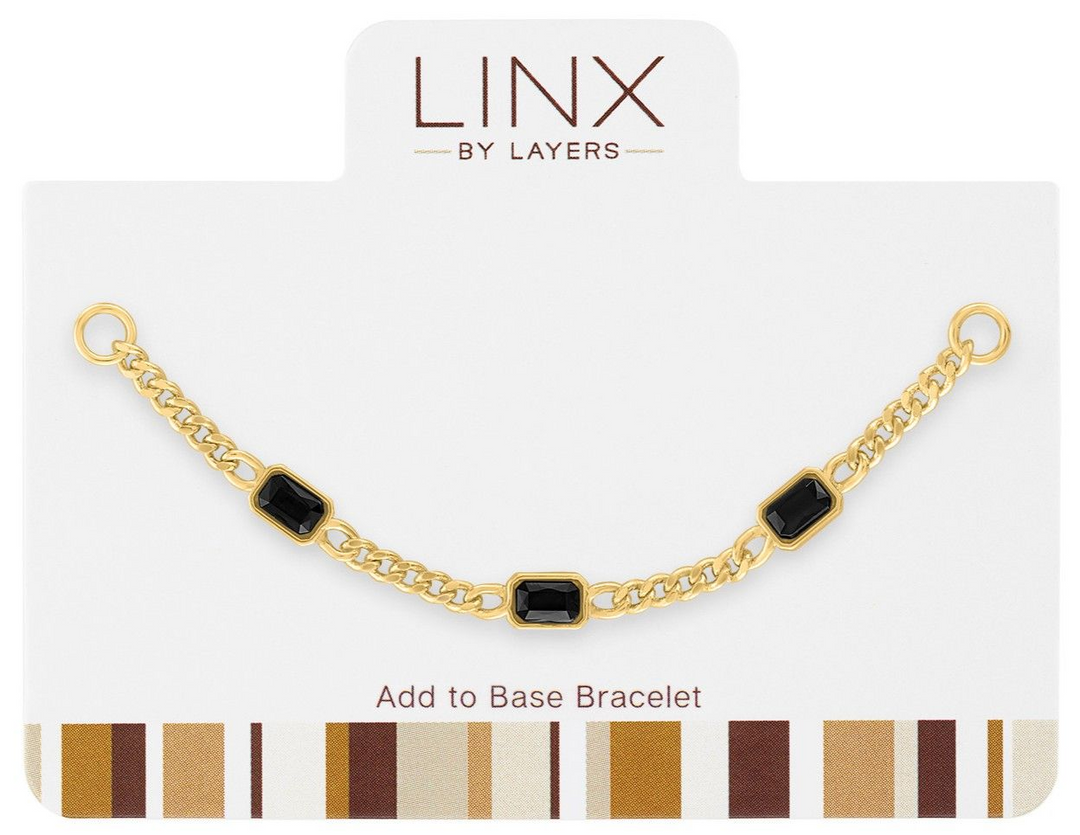 Gold chunky chain bracelet add-on with three rectangular jet black solitaire stones.