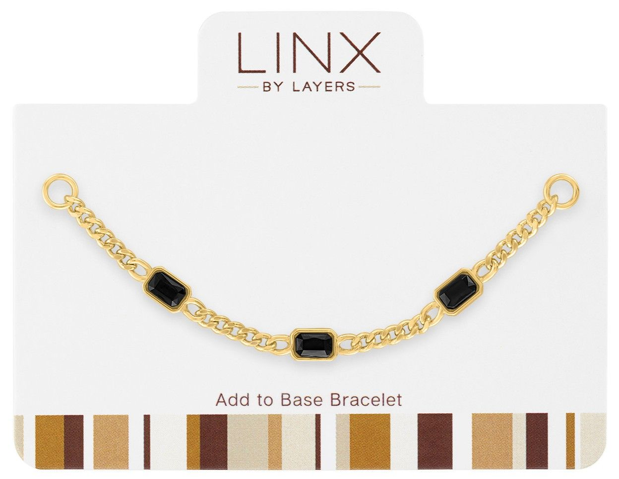 Gold chunky chain bracelet add-on with three rectangular jet black solitaire stones.