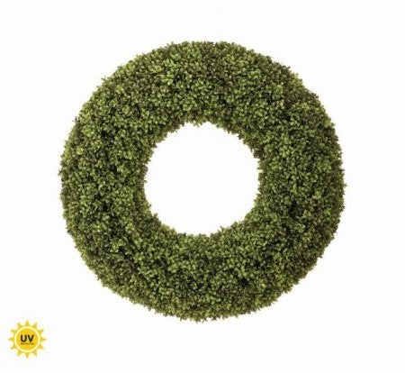 Spring UV-treated boxwood wreath with lush green foliage on a wired twig base.