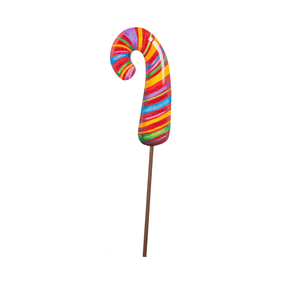 Red candy cane shaped decorative stakes with white stripes.