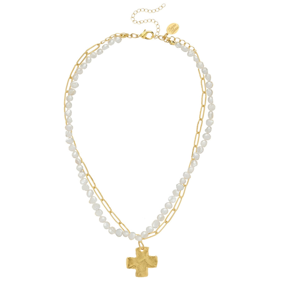 Double-strand necklace with freshwater pearls, a gold paperclip chain, and a gold cross pendant.