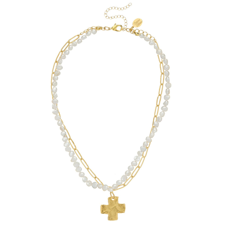 Double-strand necklace with freshwater pearls, a gold paperclip chain, and a gold cross pendant.