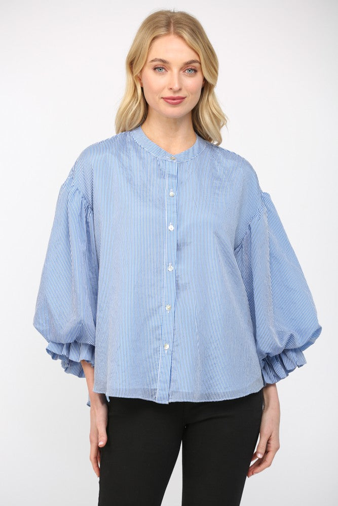 Sophie pinstripe rayon blouse with voluminous bubble sleeves in a relaxed silhouette.