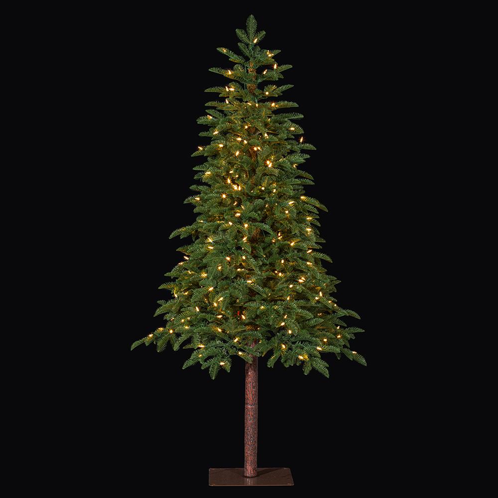 Pencil Pine Tree with 300 warm white LED lights on a brown metal square stand.