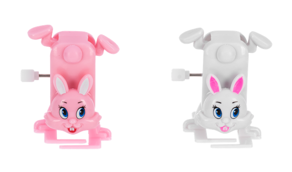 Wind Up toy rabbit with upside-down head pose on a white background.