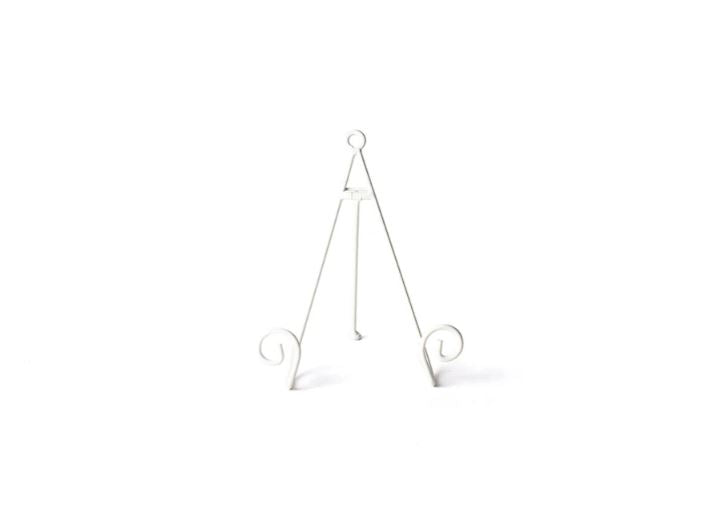 White Swirl Mini Plate Stand with a tripod design and decorative scroll feet.