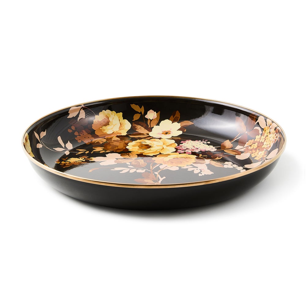 Brown hand-glazed steel bowl with bronzed stainless rim featuring transfer decoration