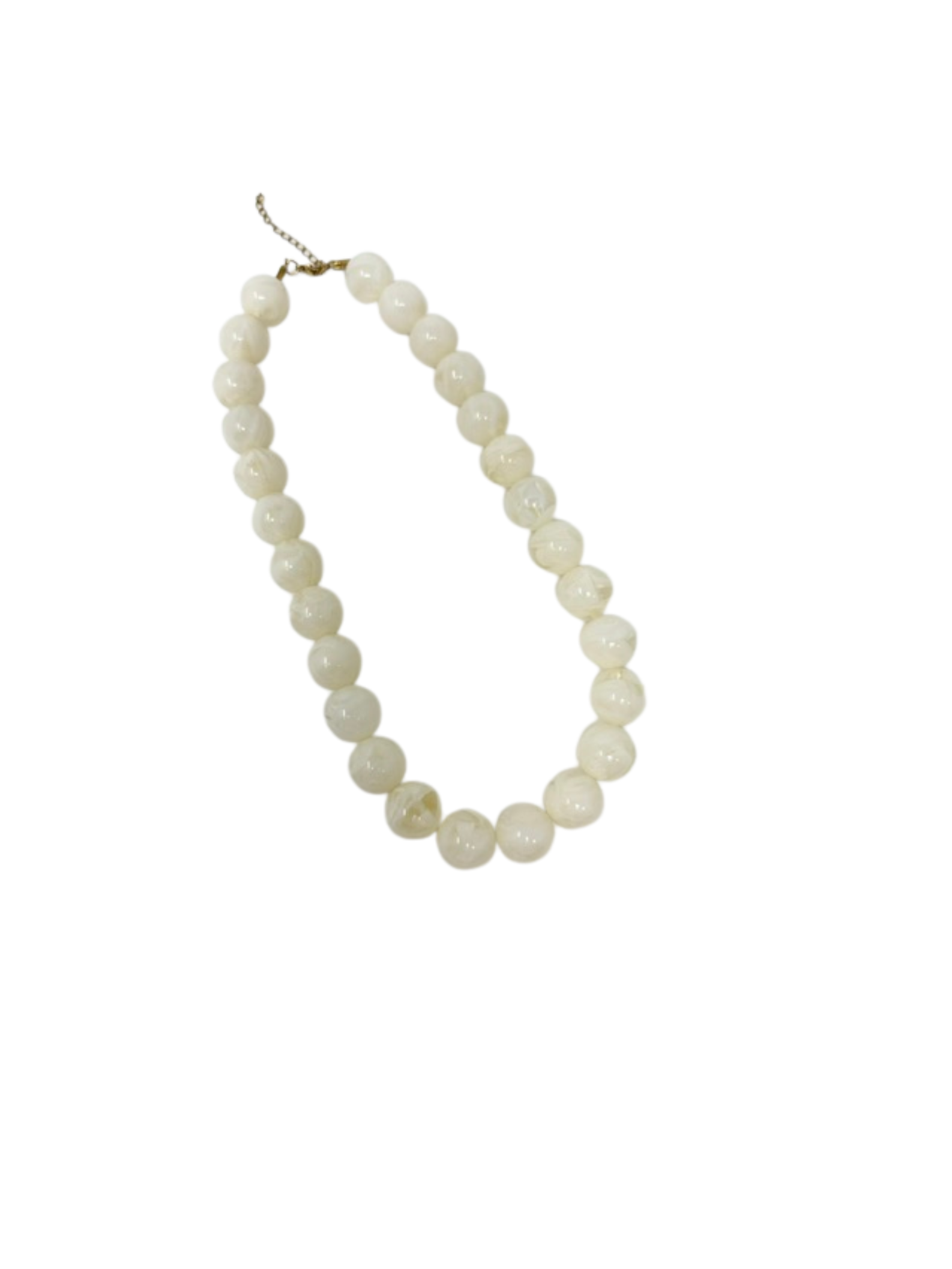 Chunky white marbled bead statement necklace with an adjustable gold chain clasp.
