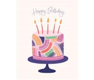 Happy Birthday card featuring a pink cake with colorful swash patterns and five lit candles on a dark blue cake stand.